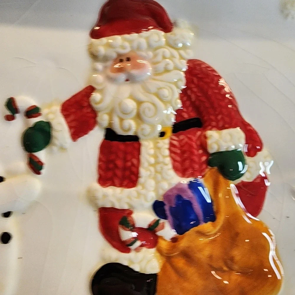 Decorative Vintage Christmas Serving Tray Plate W Santa & Snowman 13